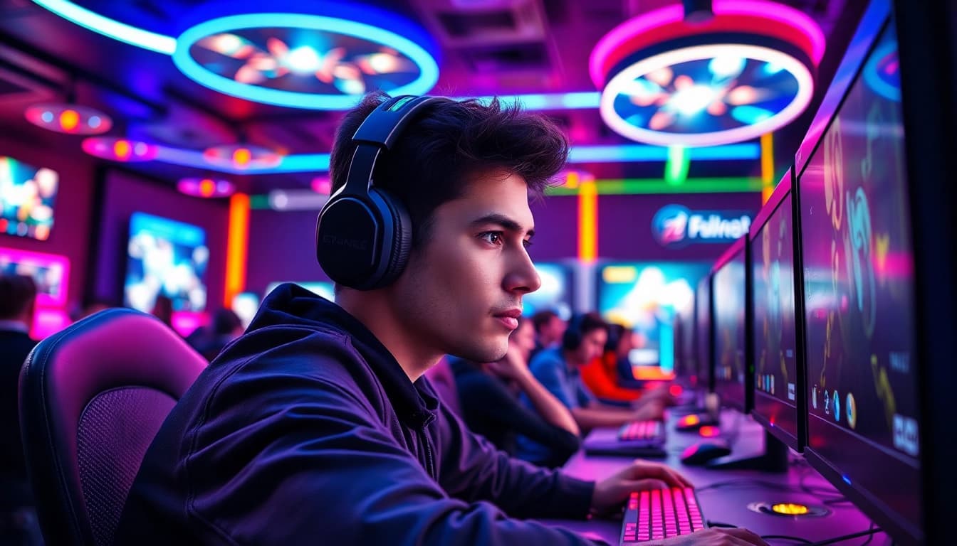 Engaged gamer in a lively lounge setting highlighting Non gamstop Casino Uk culture.