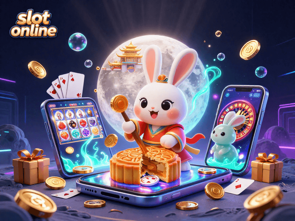 Experience thrilling gameplay with slot online featuring a moon rabbit and poker chips, dynamic casino elements, and glowing effects.
