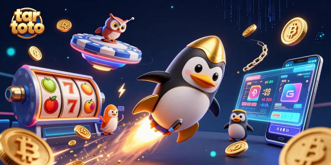 Enjoy thrilling action at tar toto with a golden penguin heading to a vibrant casino space station.