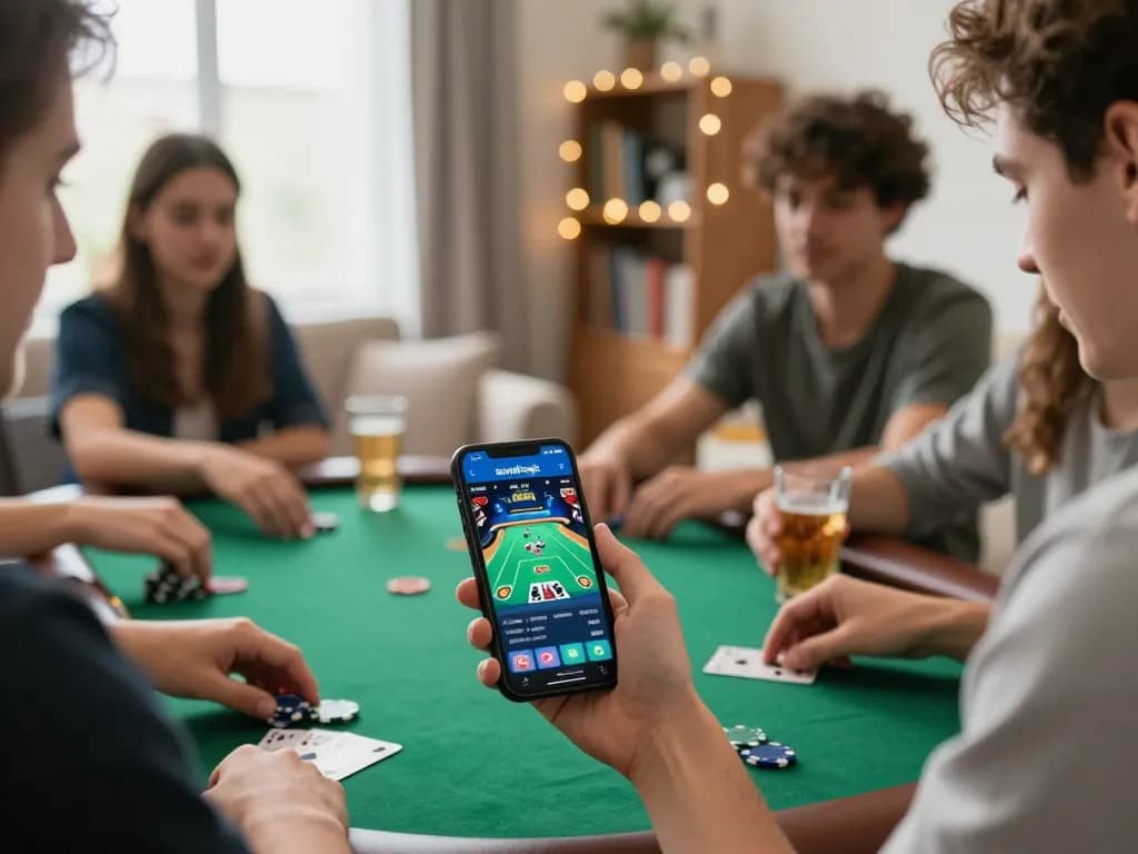 Friends enjoying online poker gameplay using the sunwinapk app in a cozy living room setting.