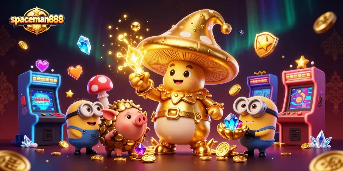 Experience the magic of spaceman888 as the golden mushroom wizard and friends explore treasure-filled adventures in this vibrant casino scene.