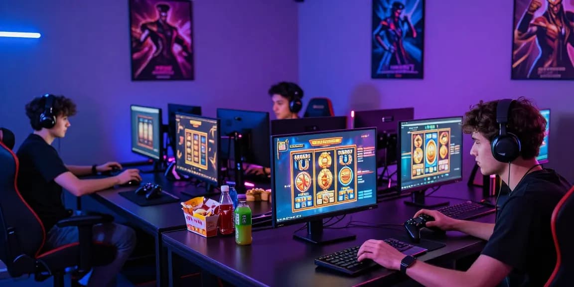 Engaged players on laptops during garuda303 login in a vibrant gaming room environment.