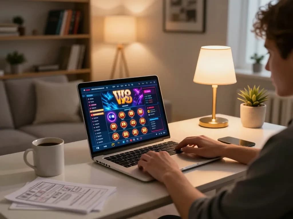 w 88 player engaged in online gaming at a stylish home setup with coffee and strategy notes visible.