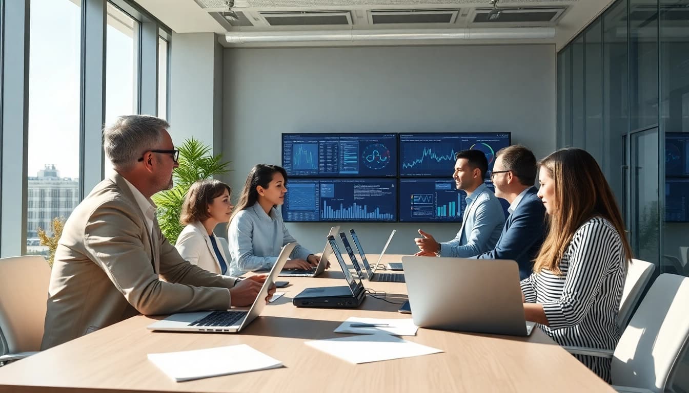 Streamline AI claims processing in a collaborative office environment with professionals analyzing data.
