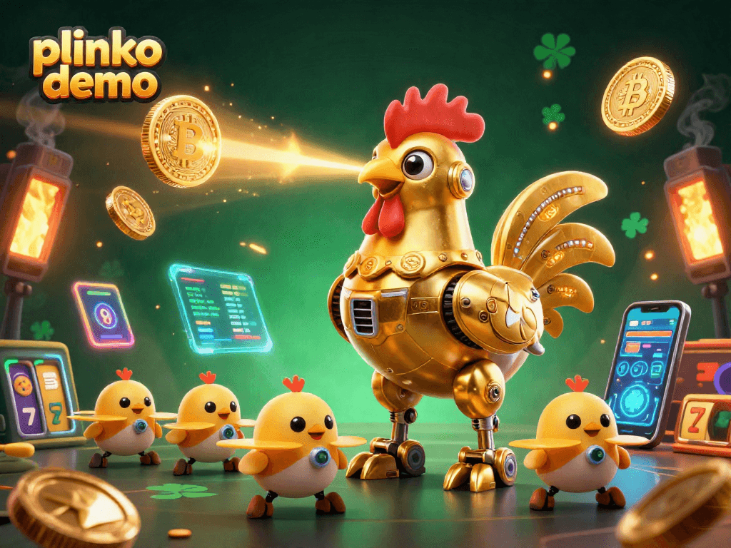 Engage in the plinko demo with a vibrant casino scene showcasing a golden rooster robot and crypto elements.