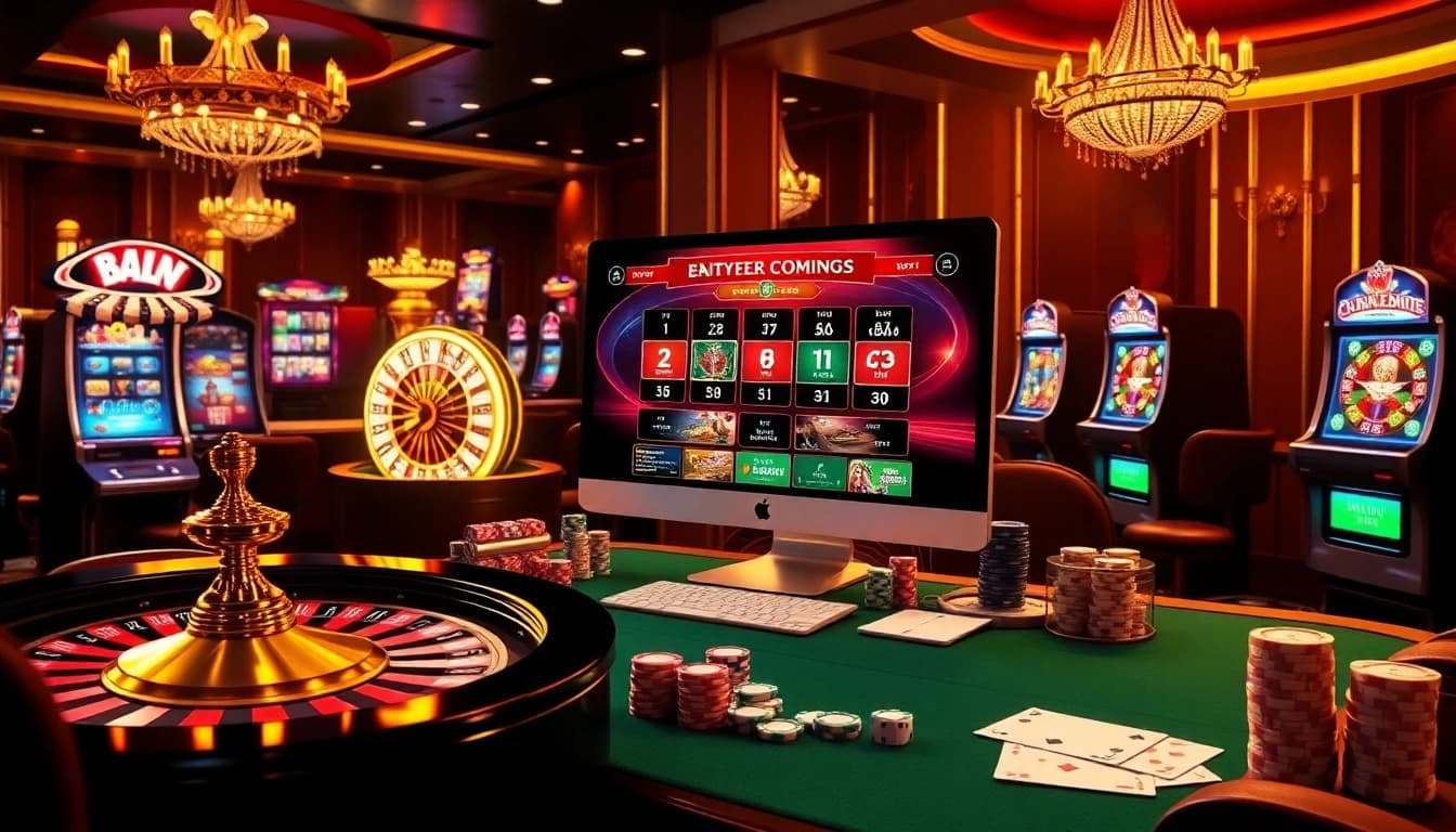 Une atmosphère vibrante de casino en ligne mettant en avant la roulette, les machines à sous et l'excitation du poker.