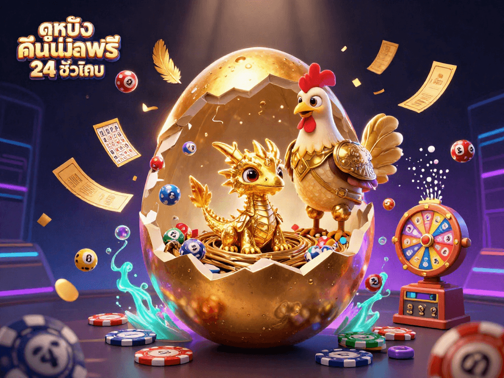 วาดภาพประกอบ 3D ของการเปิดไข่ทองคำขนาดใหญ่ที่มีมังกรทองผสมอยู่ด้านใน พร้อมลูกบอลล็อตเตอรี่และบัตรบิงโกในบรรยากาศคาสิโน ดูหนังออนไลน์ฟรี 24 ชั่วโมง