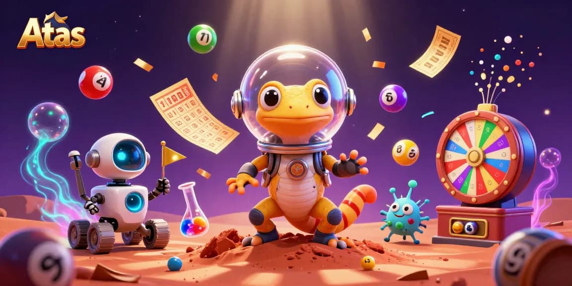 Atas casino scene with a Martian gecko exploring a golden casino amidst colorful bouncing lottery elements.