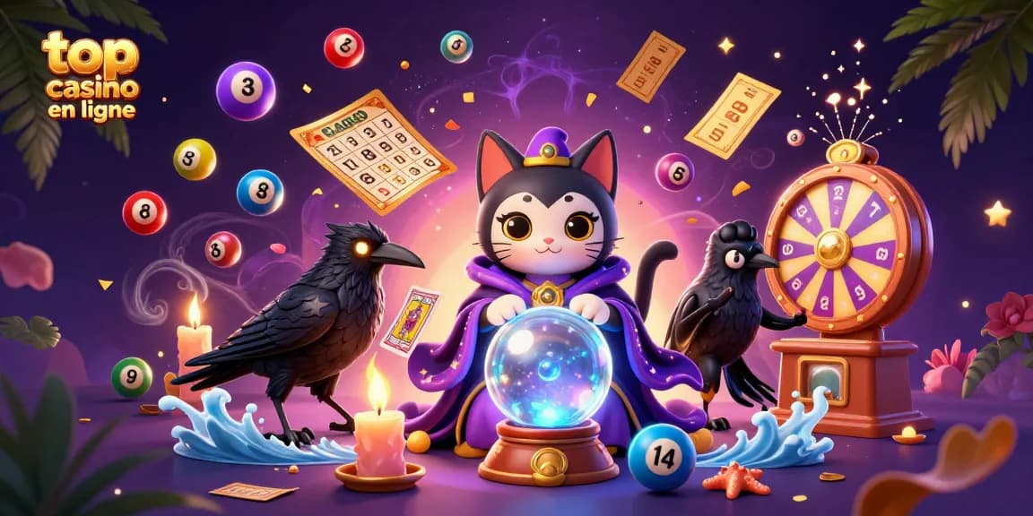 Jouer à top casino en ligne avec un chat mystique et un corbeau mystérieux au milieu de nombreux équipements de jeu colorés.