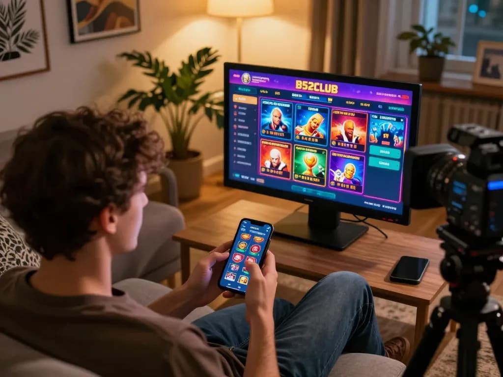 B52club user engaging with casino app on smartphone, warm home atmosphere.