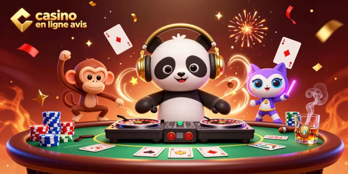 Célébrez avec des avis de casinos en ligne : panda DJ et chat en rave dans une ambiance festive.