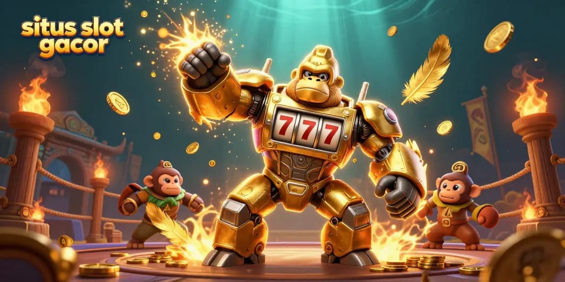 Situs slot gacor showcases a golden gorilla mech celebrating a jackpot win with coins exploding around it in an engaging casino environment.