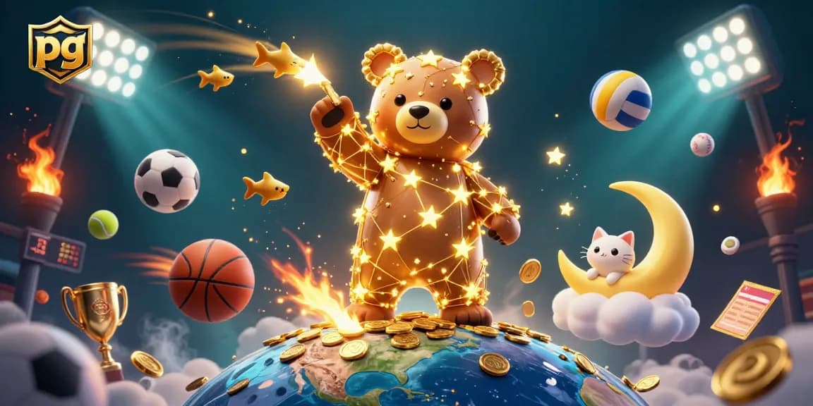 Engage with pg betting excitement through coins and sports elements sparkling in a vibrant 3D illustration.