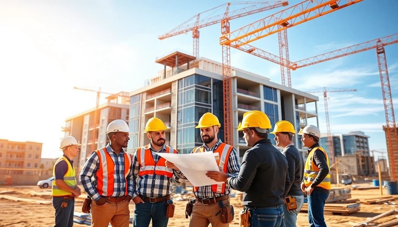 Highlighting teamwork among diverse Southern California contractors on a busy construction site.