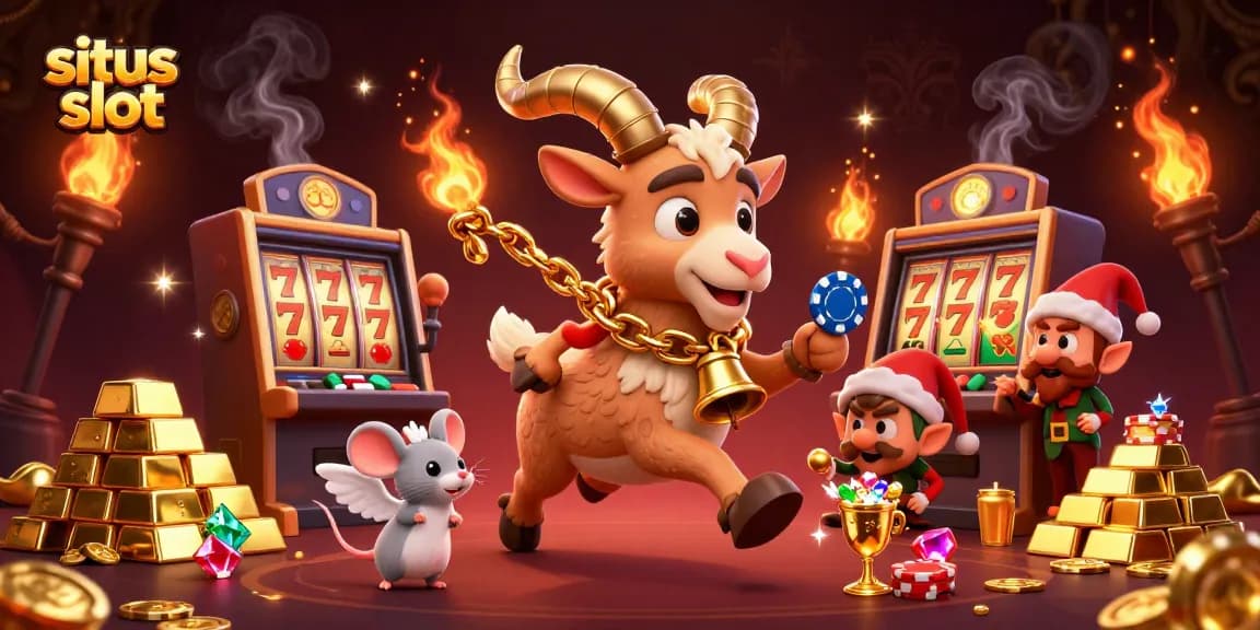 Situs slot showcases a whimsical casino scene with a Krampus goat and mischievous characters stealing chips.