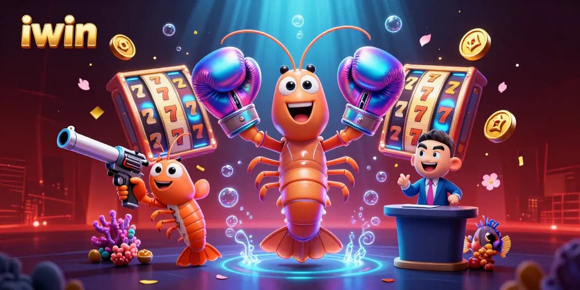 Experience the thrill of iwin with energetic cartoon shrimp characters amidst dazzling casino elements.