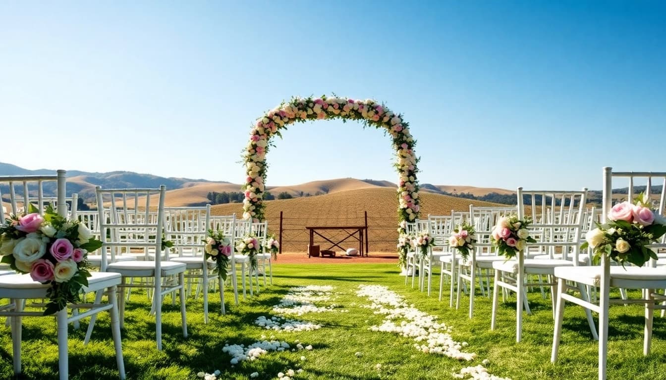 Captivating Clarksburg ca weddings with a floral arch and vineyard backdrop showcasing romance.