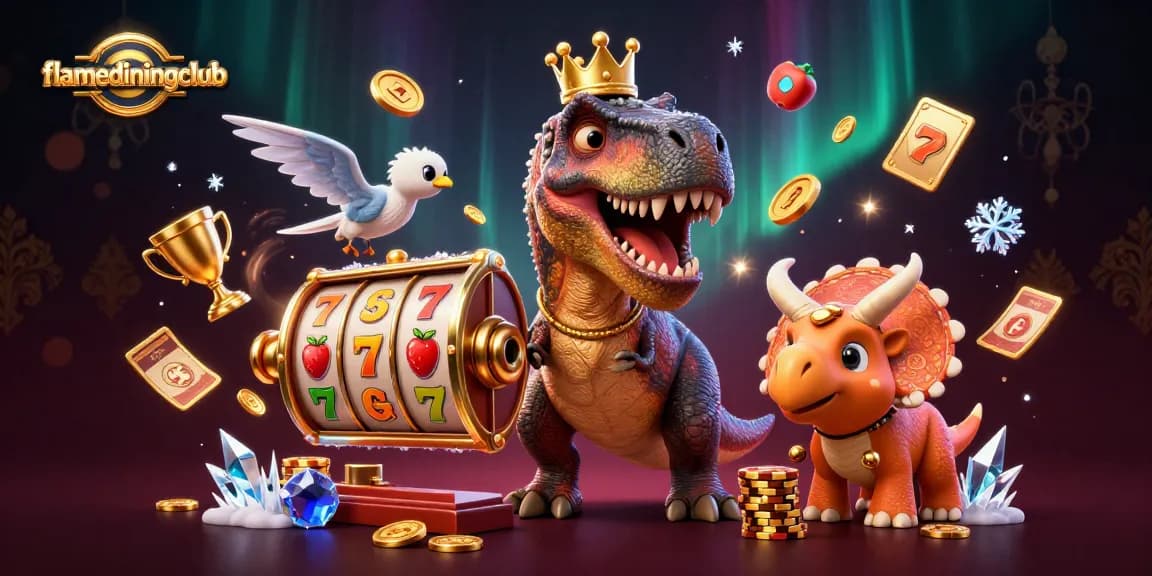 Engage in thrilling slot action with flamediningclub's dynamic casino illustration featuring friendly characters.