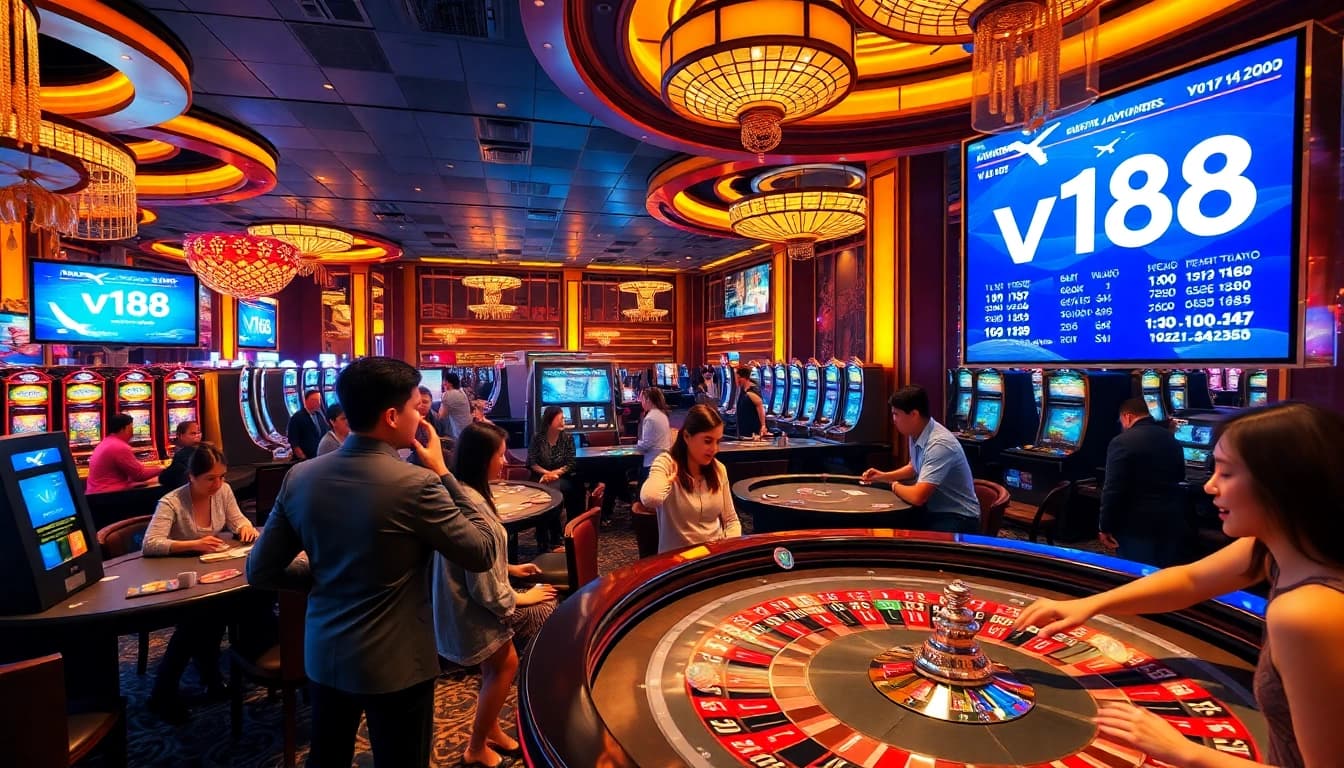 Players enjoying a winning moment at the casino, with vibrant lights and vn168 themed decorations.