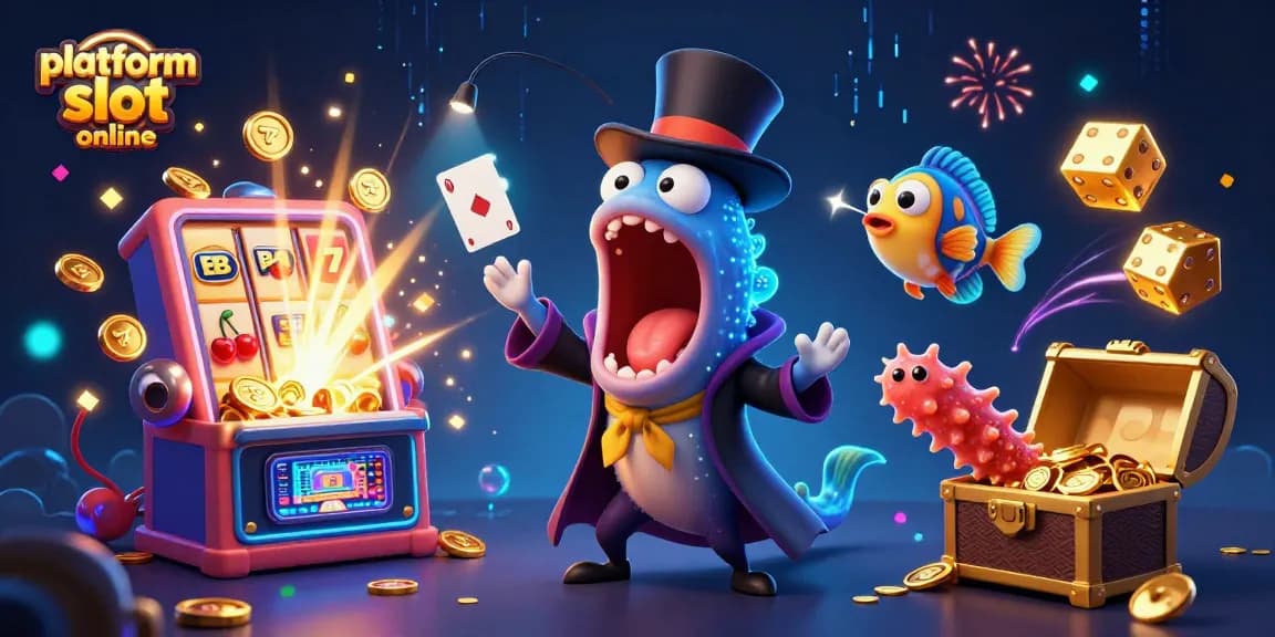 Engaging illustration of a platform slot online featuring a bioluminescent gulper eel magician, jackpot elements, and vibrant casino action.