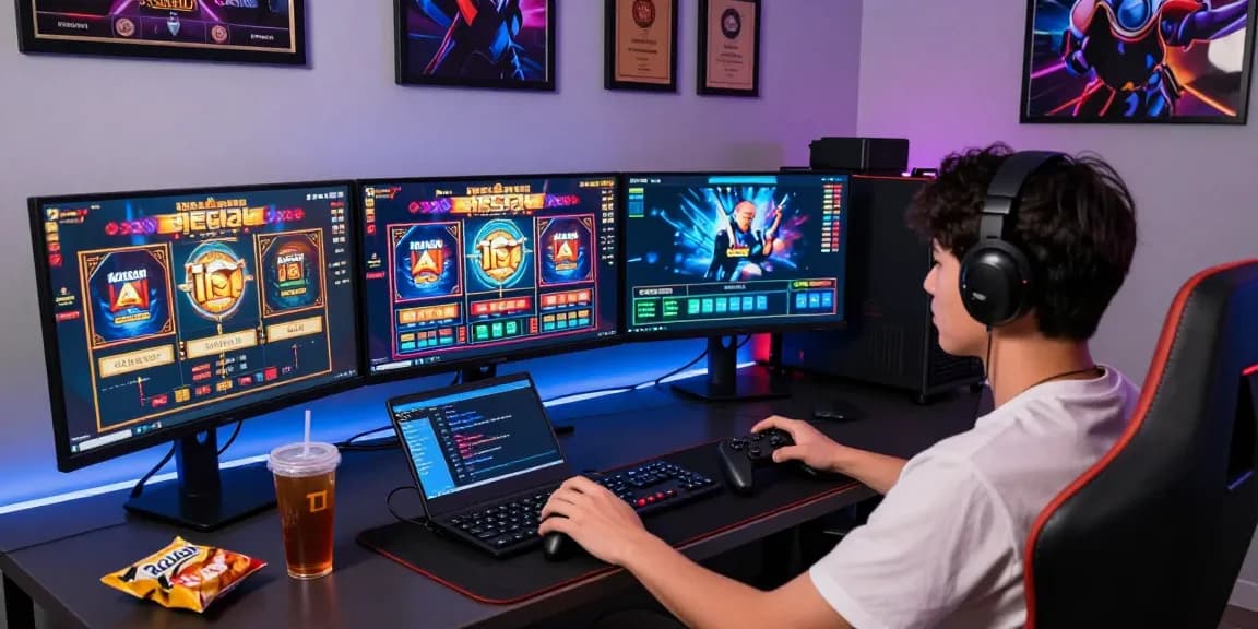 Player enjoying situs gacor online games at a modern gaming desk with vibrant screens and snacks.