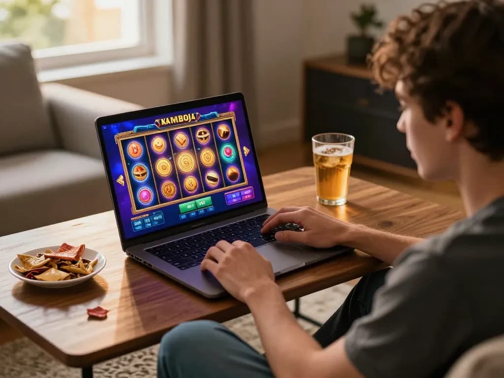 Playing exciting slot server kamboja game on a laptop at home, enhancing online gaming experience.