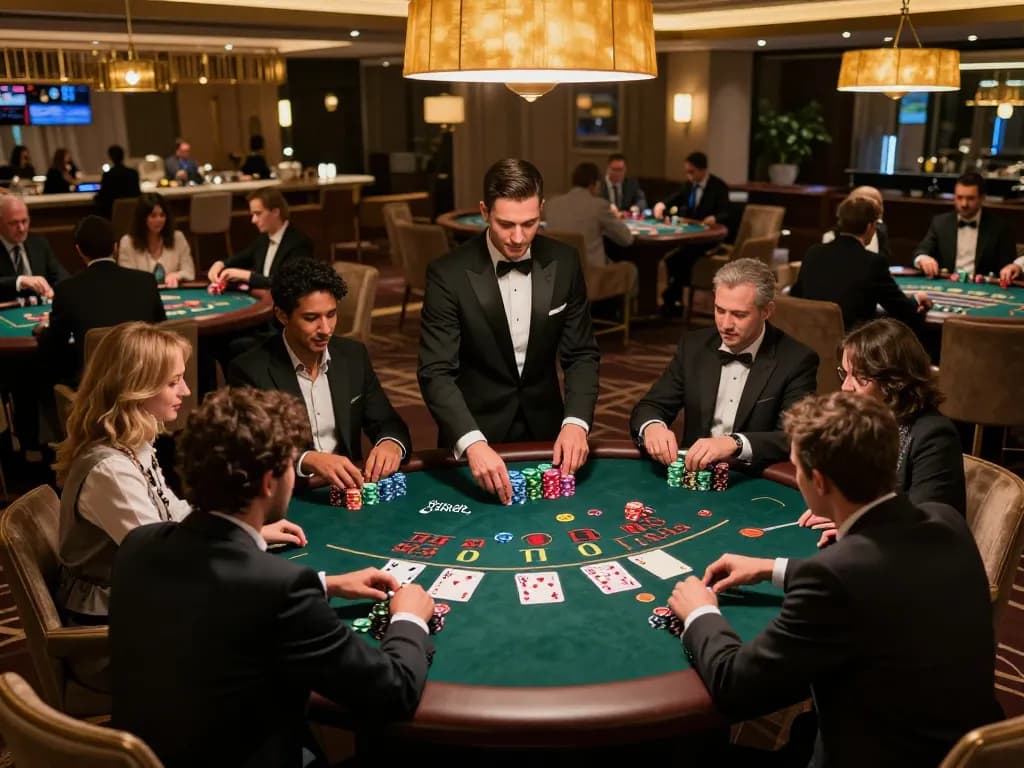 Players strategizing at a blackjack table in G28 casino, showcasing high-stakes excitement and luxury atmosphere