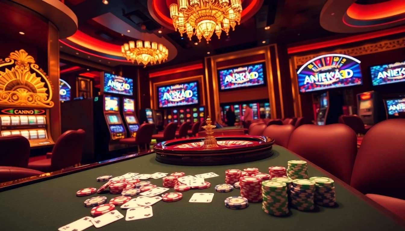Adegan permainan berisiko tinggi di ANEKA4D yang menampilkan roulette dan mesin slot, bergetar dengan kegembiraan dan kemewahan.