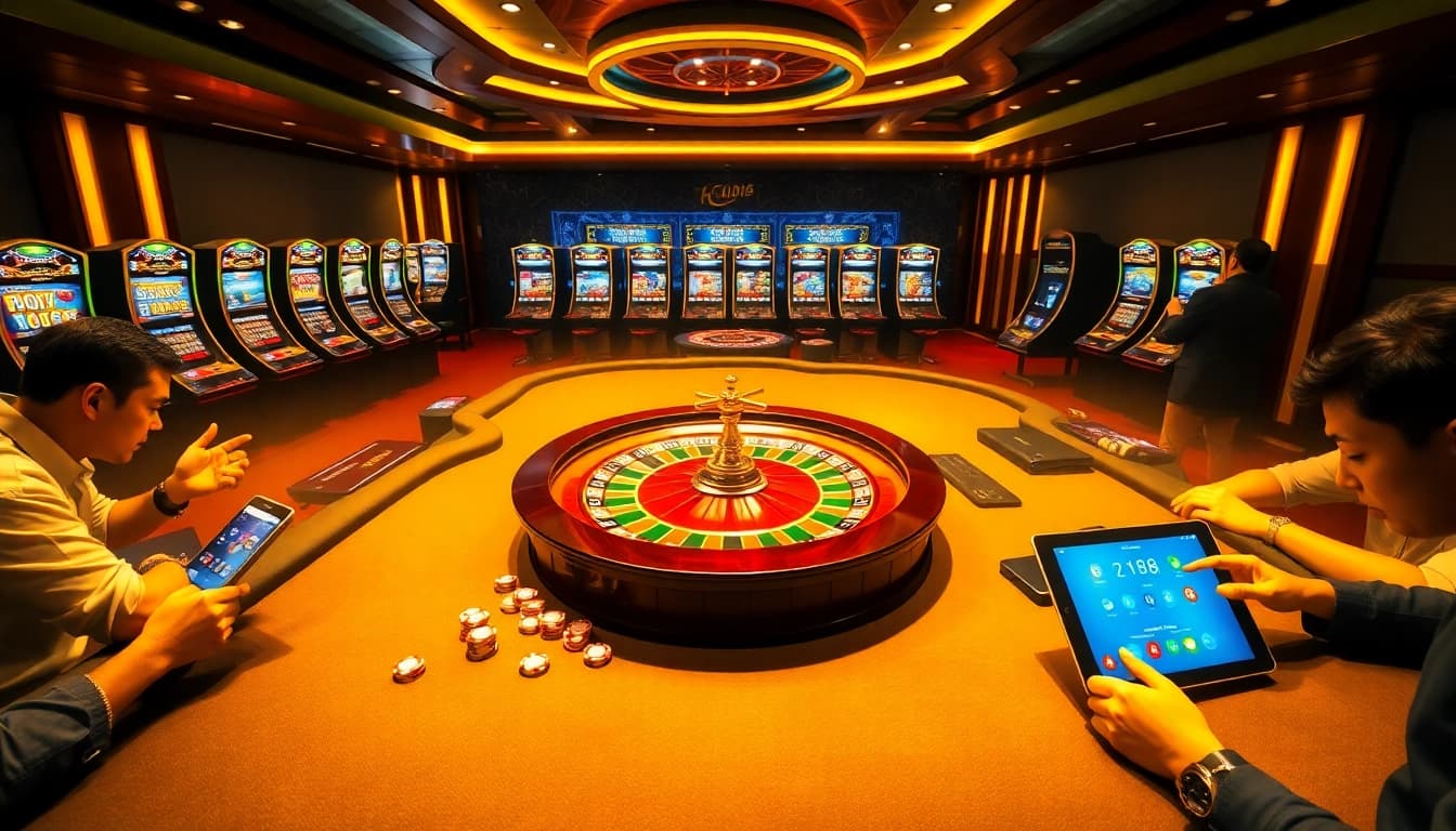 F168 players enjoying a thrilling casino experience with poker chips and a roulette wheel.