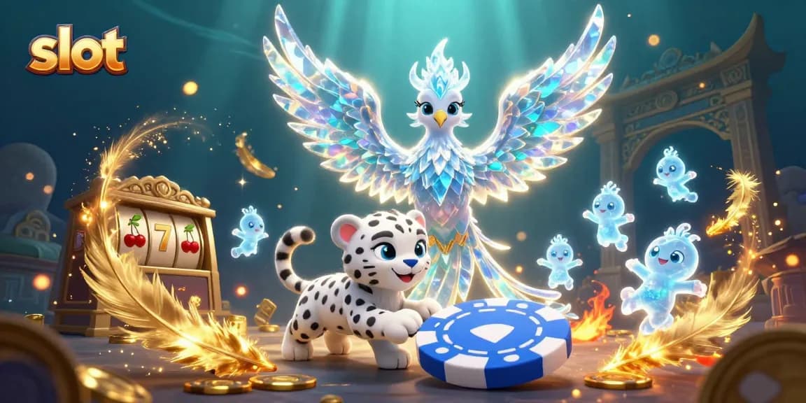 Slot yang mengasyikkan dengan phoenix es, chip poker, dan koin emas berkilau.