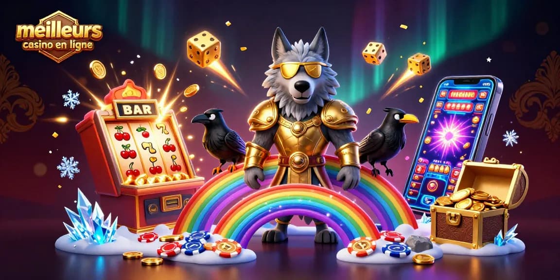 Scène immersive représentant les meilleurs casino en ligne avec le loup Odin et des trésors dorés.