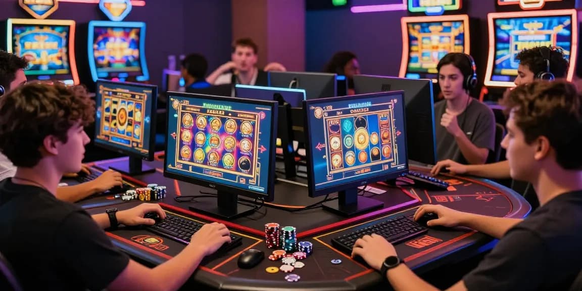 GARUDA303 login scene showcasing players immersed in thrilling online slot games, vibrant colors and engaging atmosphere.