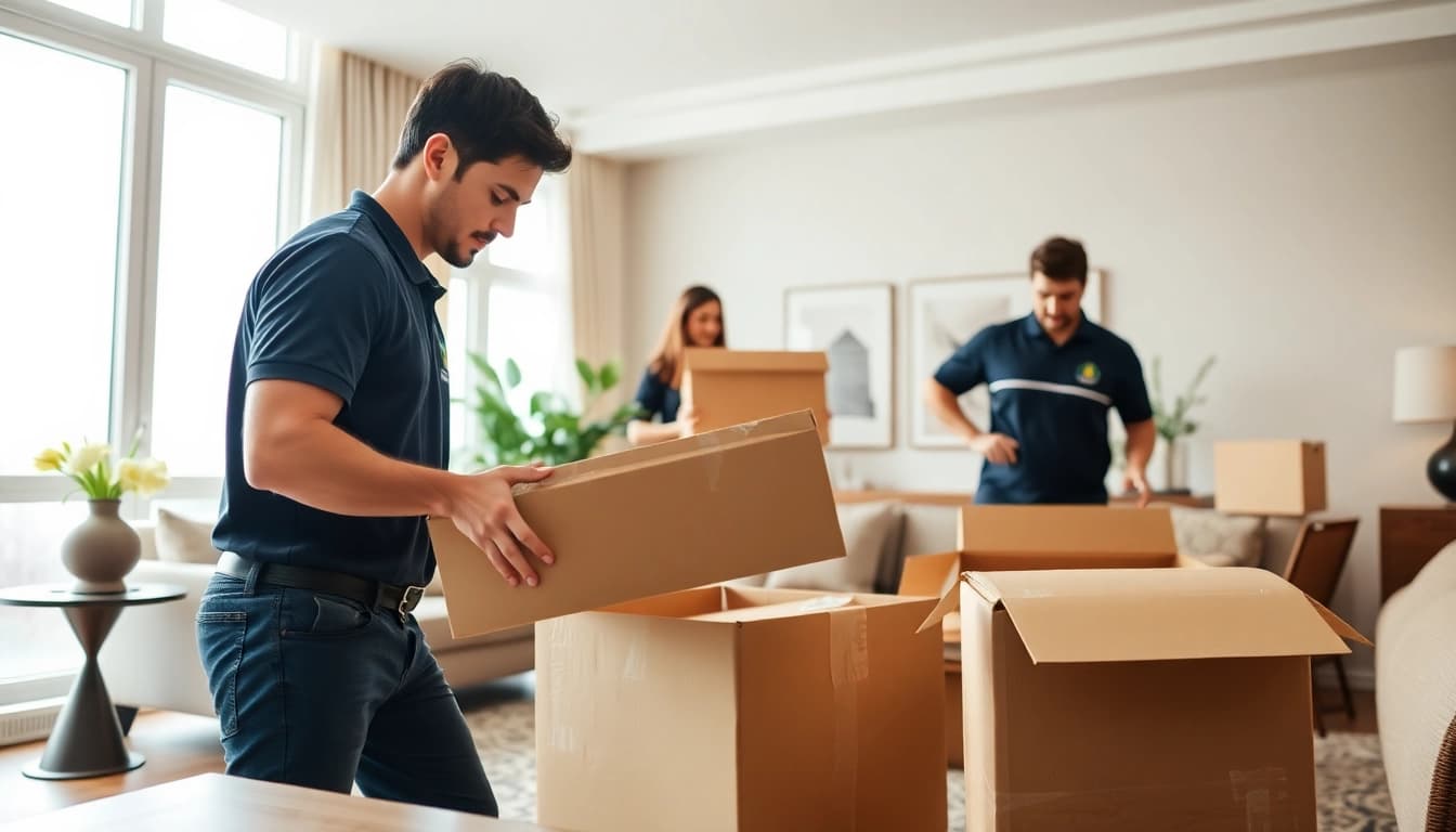 Toronto movers expertly packing items in a modern home, showcasing professionalism and care.