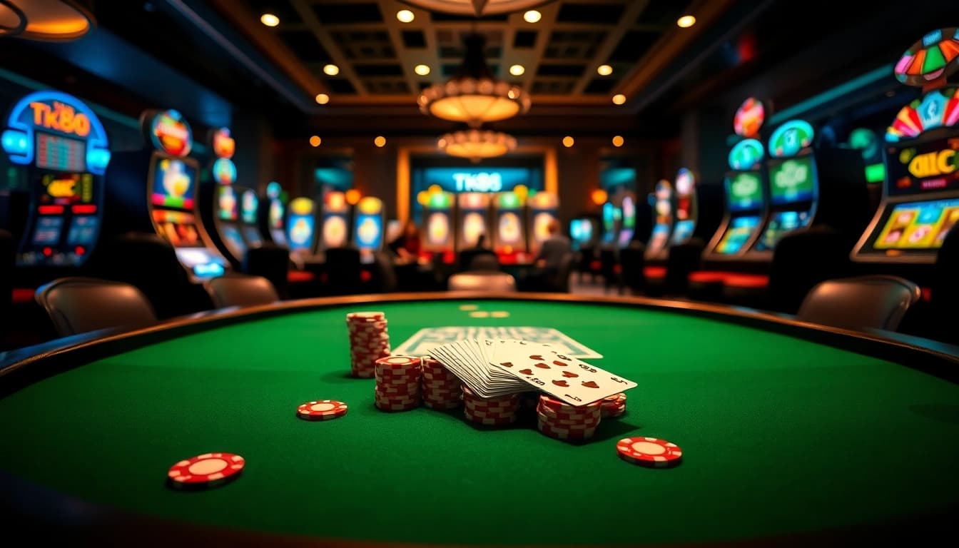 Experience the thrill of Tk88 casino with vibrant poker tables, chips, and online betting.
