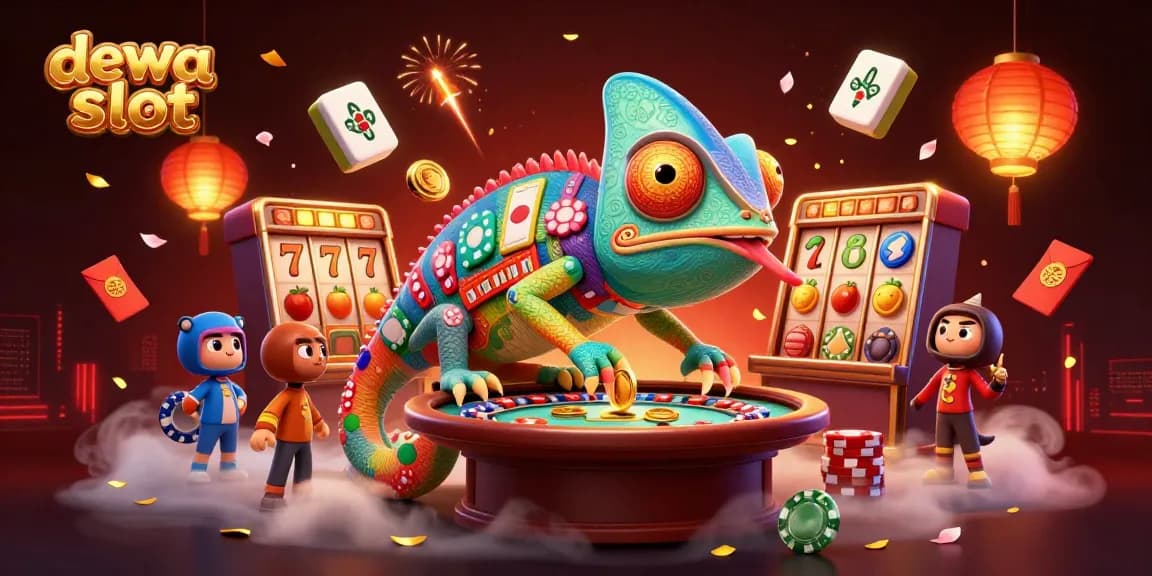 Menangkan dewa slot dengan chameleon pemilik kasino dan simbol keberuntungan, suasana penuh warna.