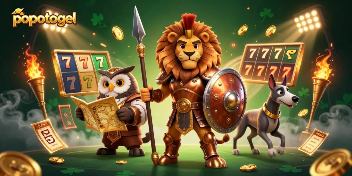 Spin to win with popotogel, featuring dynamic slot reels and a heroic Spartan lion.