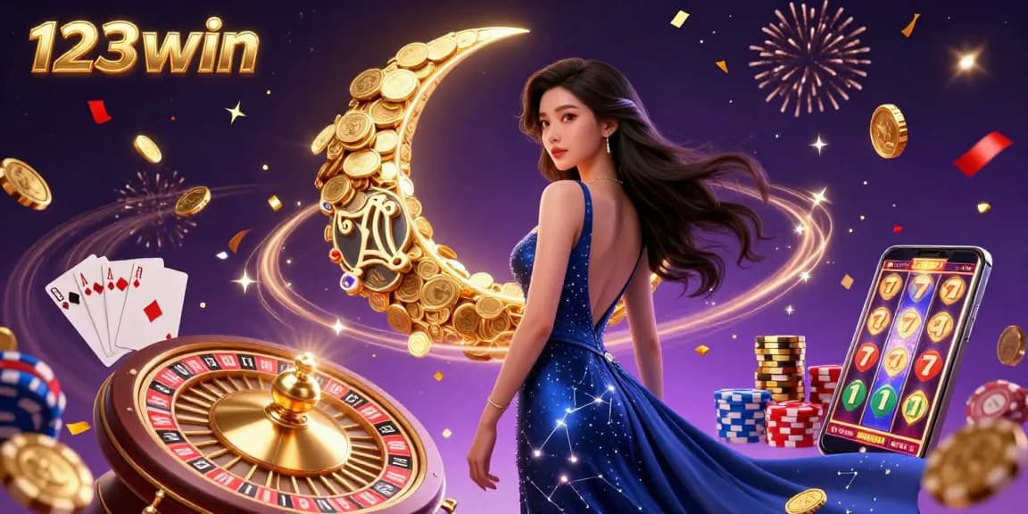 Experience the excitement of 123win with shining coins and vibrant gaming elements flying around a stylish character.