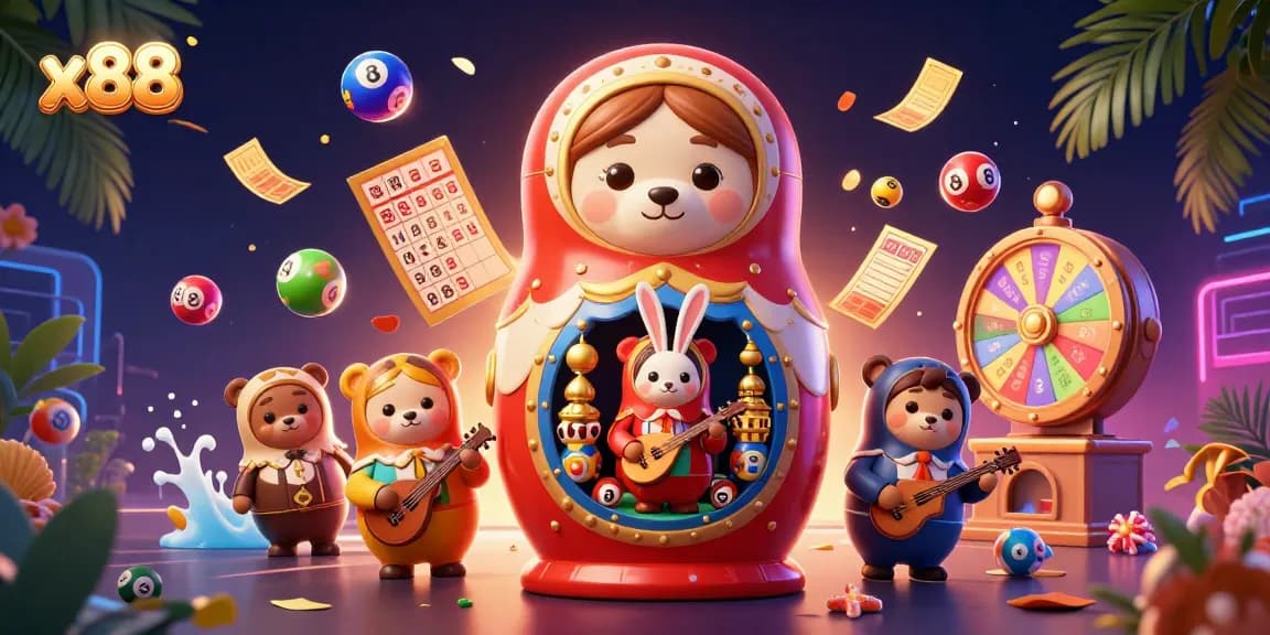 Engage with x88 as colorful lottery balls bounce around a dynamic casino scene led by charming Matryoshka bears.