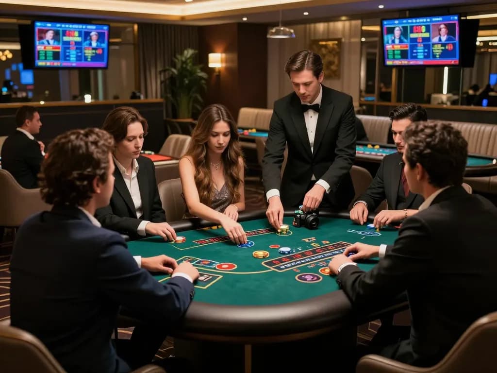 Engaging online baccarat game scene showcasing players at a luxurious casino table, highlighting expert gameplay and digital excitement.