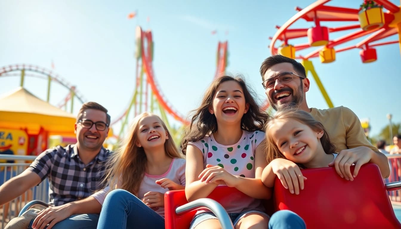 Engaged families enjoying Activities & Attractions at a lively amusement park.