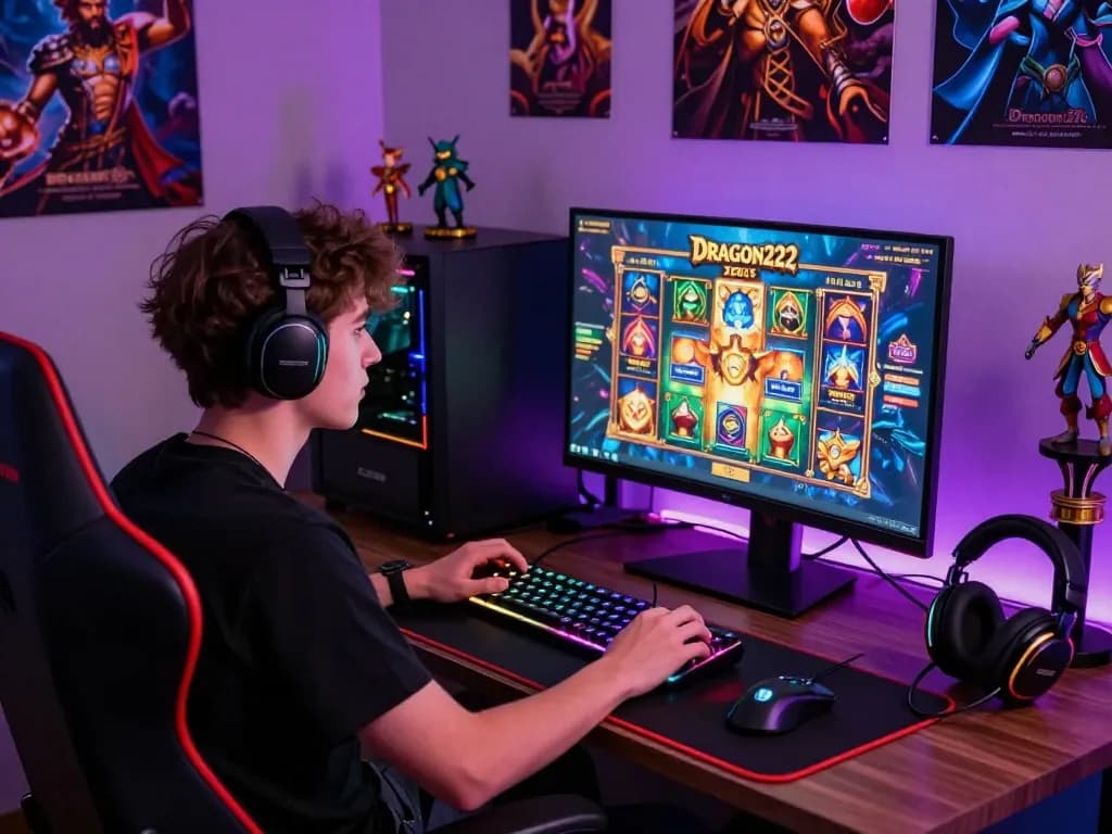 Engaged player enjoying the DRAGON222 Zeus Slot game in a dynamic gaming setup with RGB lighting.