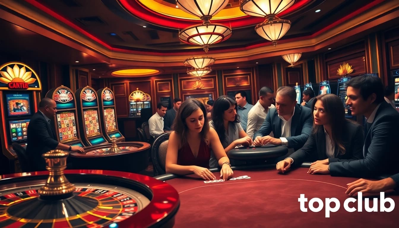 Experience the thrill of topclub with vibrant casino games and engaged players at a poker table.