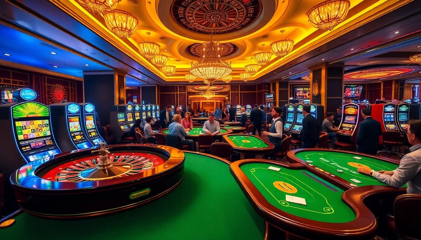 A dynamic casino scene showcasing 7upbet betting chips on vibrant tables, highlighting thrilling gaming experiences.
