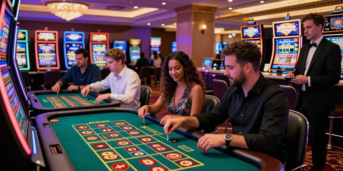 Exciting non UK casinos scene with diverse players enjoying games, vibrant atmosphere, and lively slots.