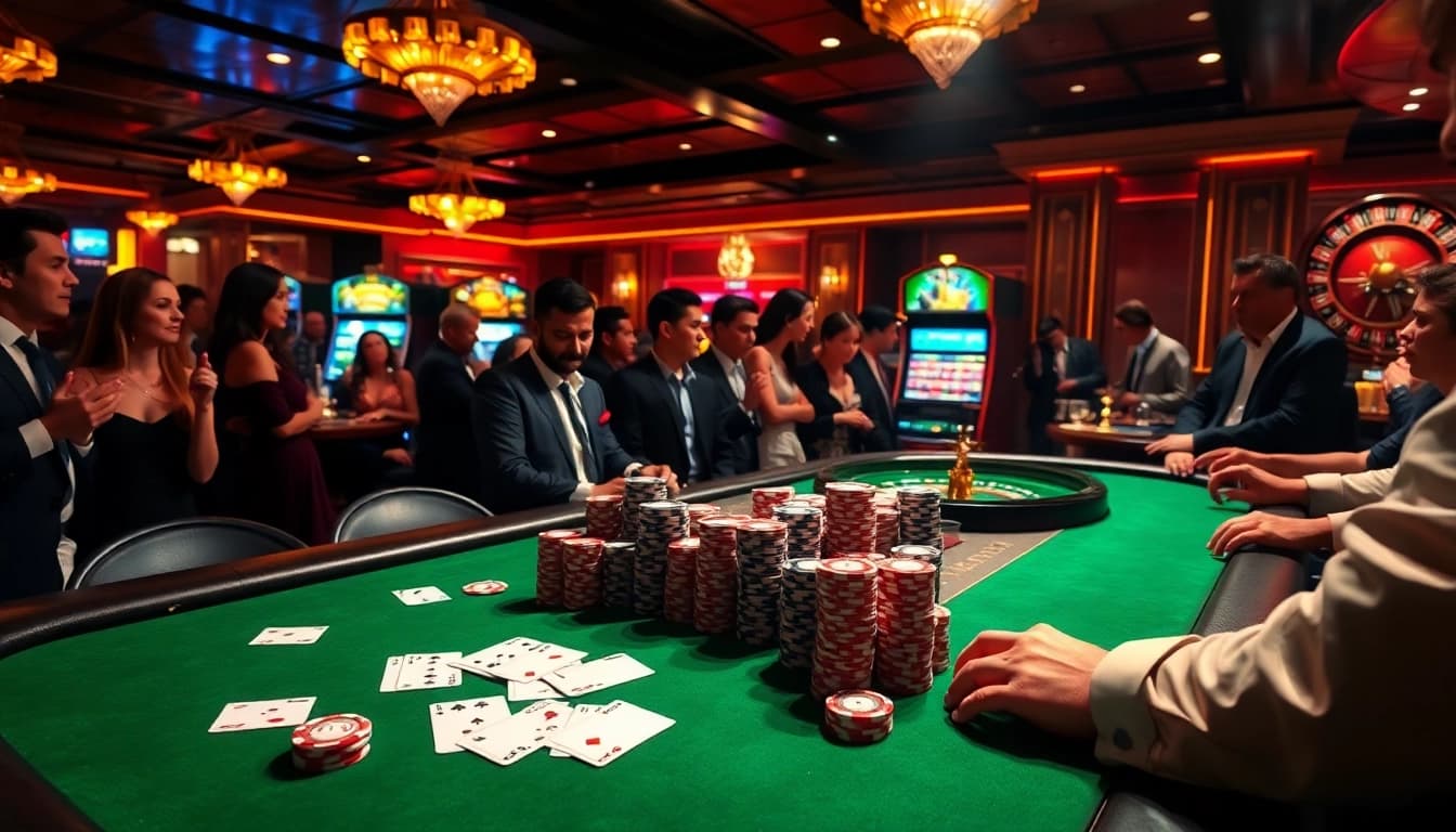 A high-stakes poker table scene at https:/cm88.bz/ featuring excited players and colorful chips.