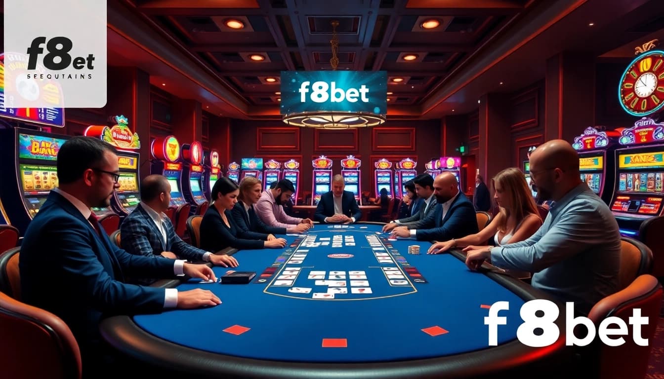 Experience thrilling action at f8bet's luxurious poker table in a vibrant casino setting.
