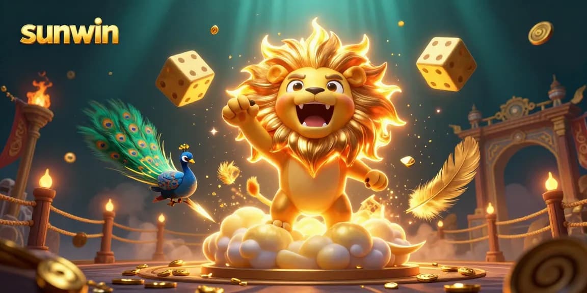 Experience thrilling wins at Sunwin with a vibrant, 3D cartoon illustration of a roaring sun lion.