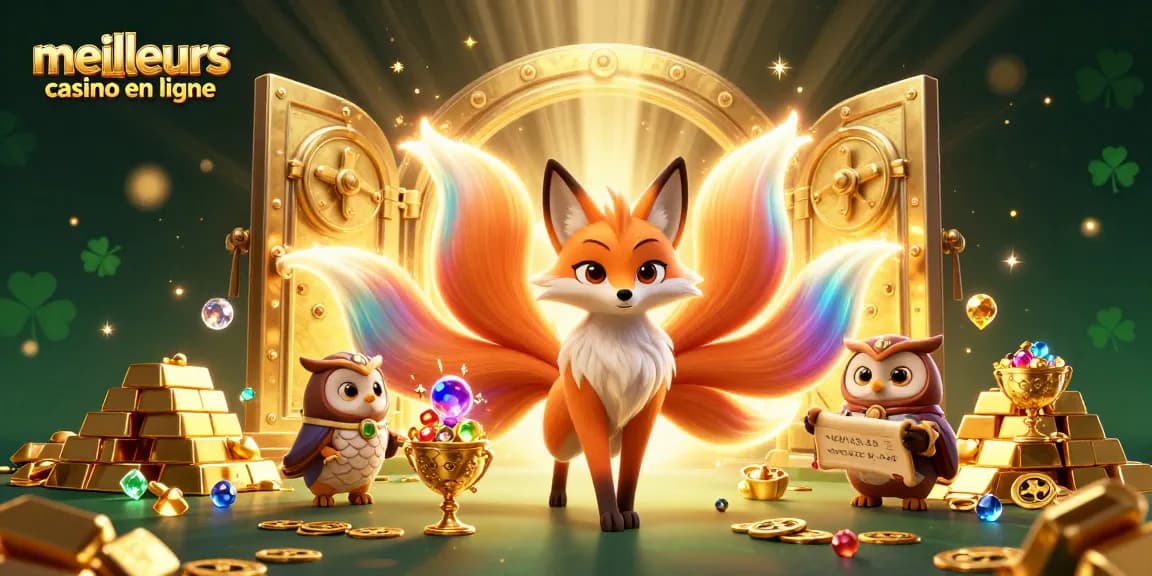Vivez l'excitation des meilleurs casino en ligne avec une illustration 3D vibrante de personnages mythiques et de trésors.