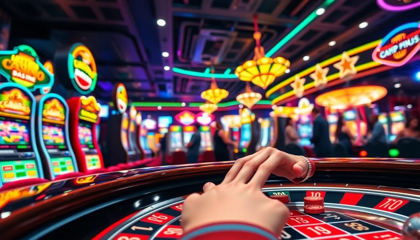 Taruhan menarik bbni4d di kasino, menampilkan kerumunan penuh semangat dan mesin slot berwarna-warni.