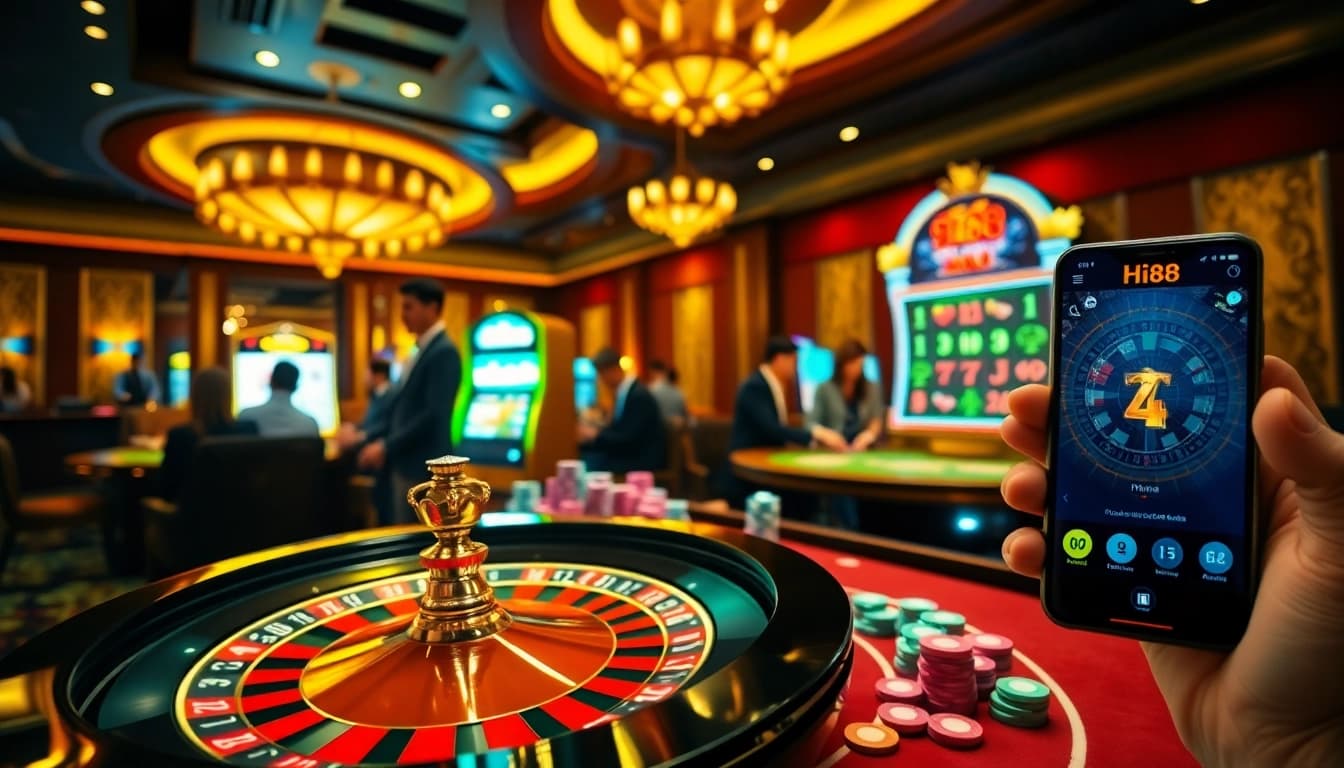 Players strategizing at Hi88 casino table with vibrant chips and cards.
